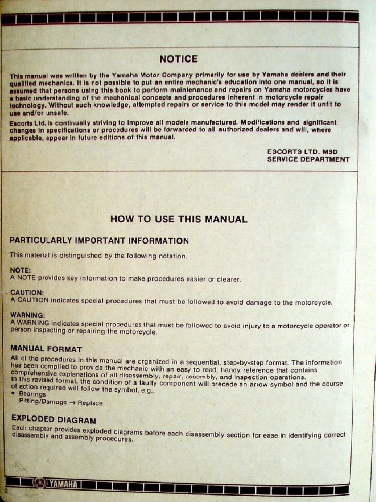 Yamaha RX 100 Workshop Manual | PDF | Motorcycling | Wheeled Vehicles, image size:768x1024