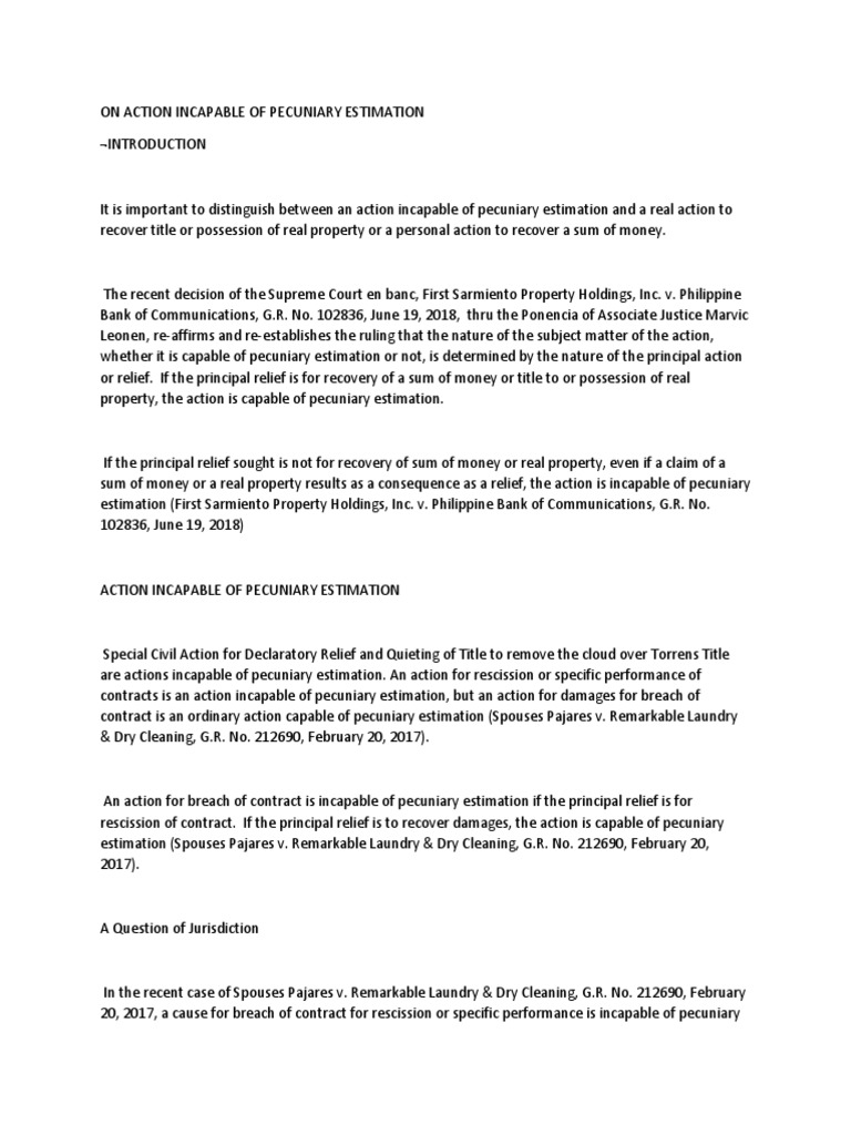 Actions Incapable of Pecuniary Estimation | PDF | Foreclosure ...