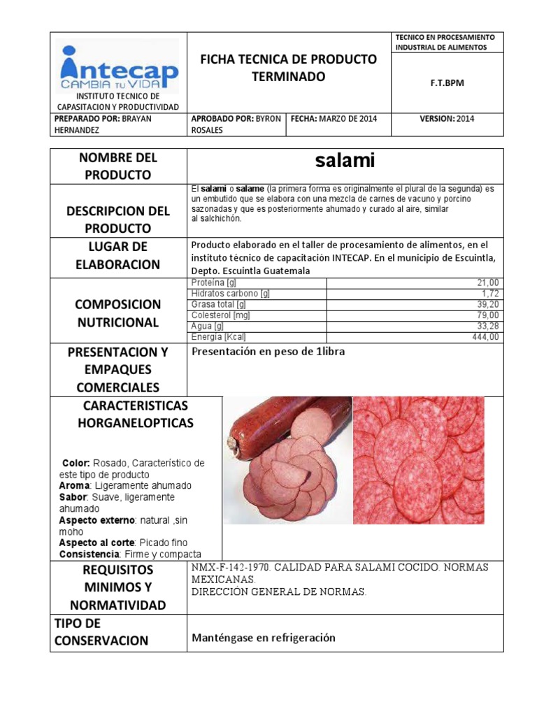 Ficha Tecnica de Salami PDF Carne Alimentos