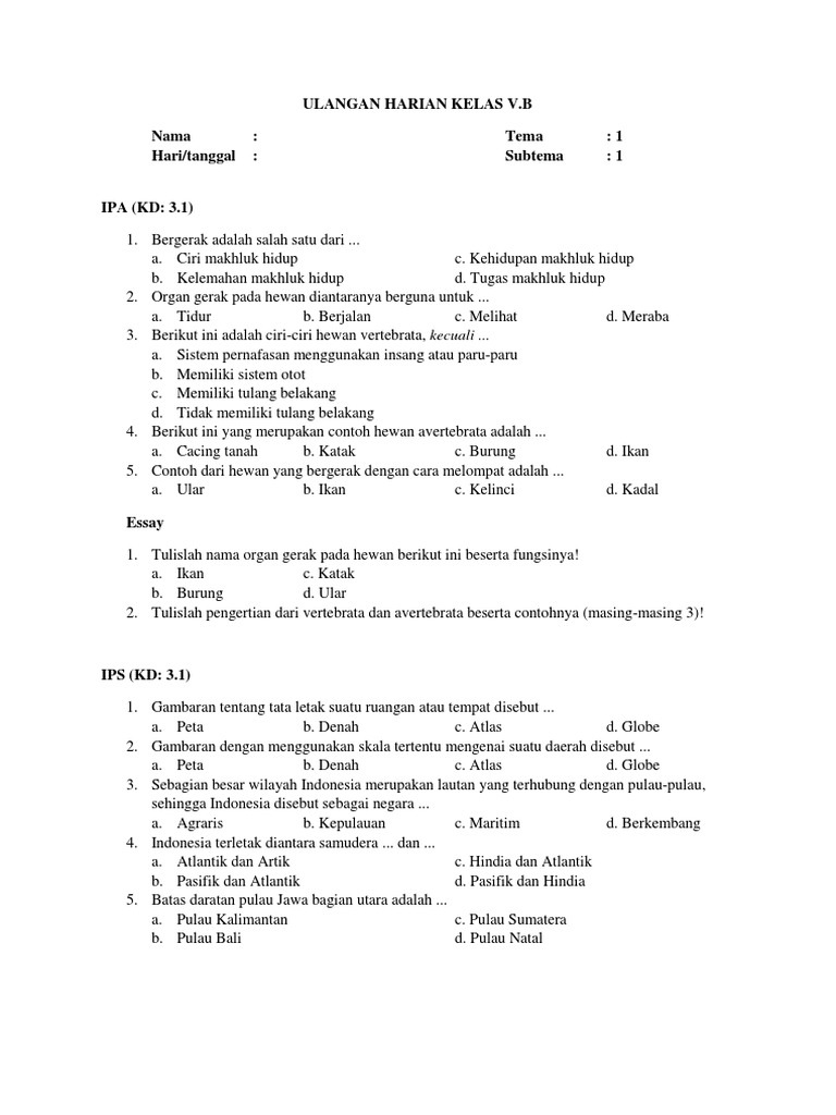 Ulangan Harian Tema 1 Subtema 1