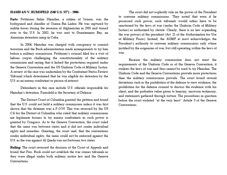 HAMDAN V. RUMSFELD (548 U.S. 557) - 2006 Facts: Petitioner Salim Hamdan ...