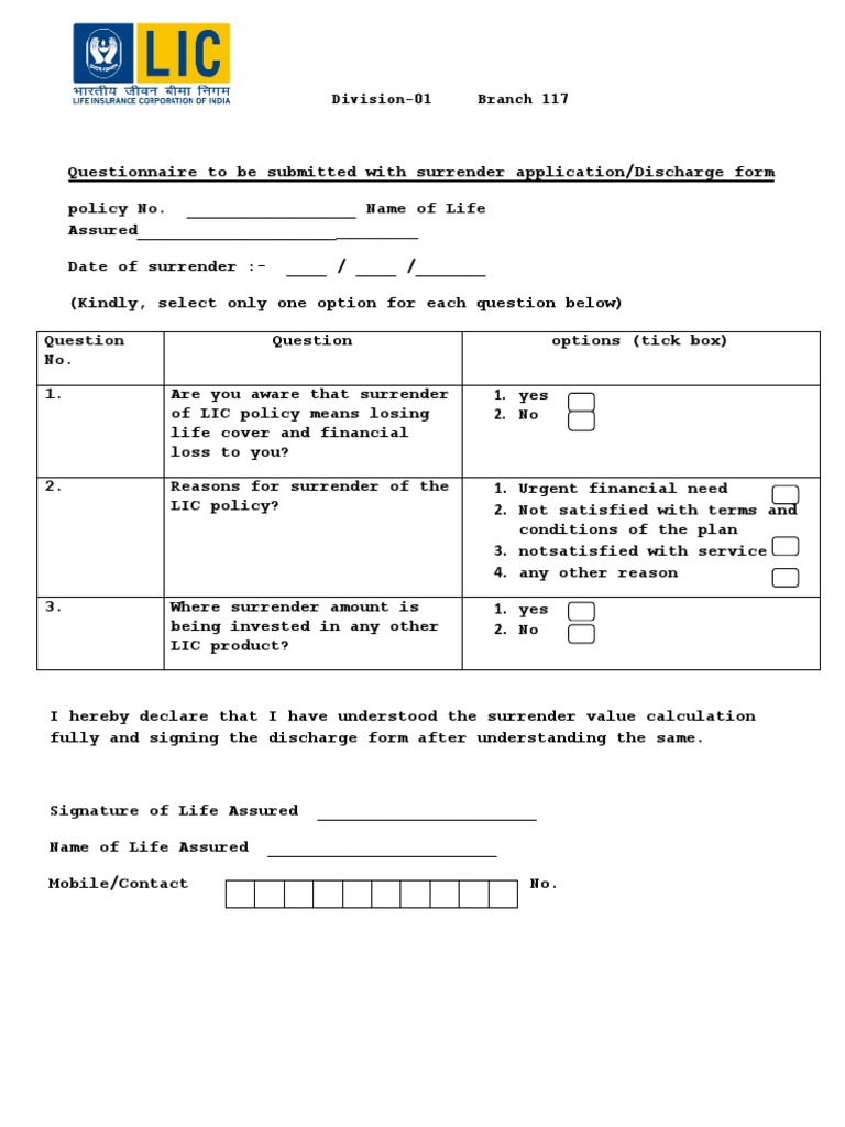 LIC Policy Surrender Questionnaire Form | PDF