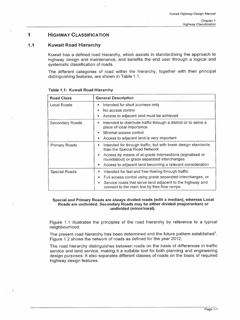 Kuwait Design Manual PT 1 CH 01 Highway Classification PDF | PDF