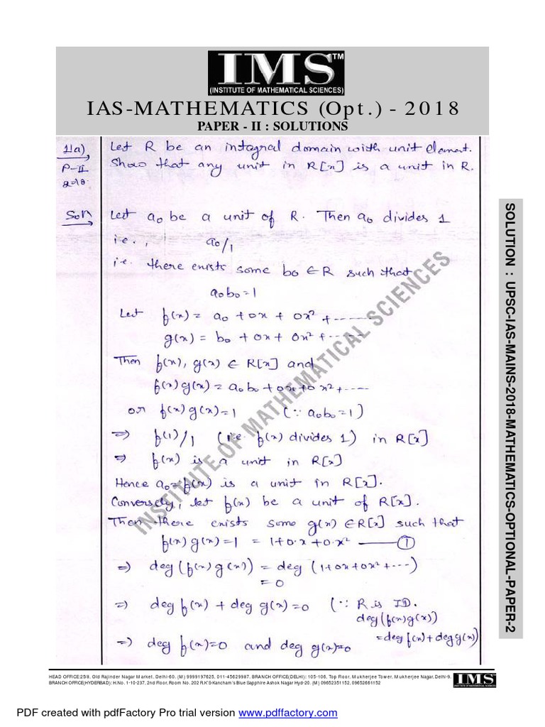 Upsc Mathematics Optional Paper 2 Solution 2018 PDF | PDF | Teaching ...