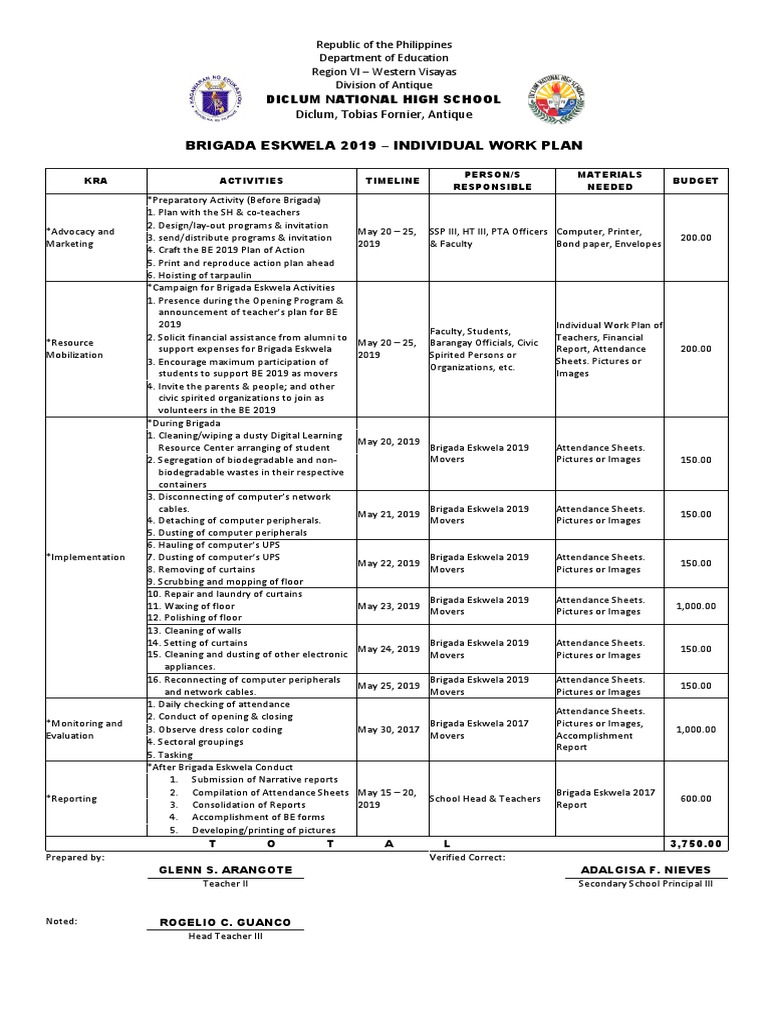 Brigada Eskwela 2019 Work Plan | PDF | Computing And Information Technology