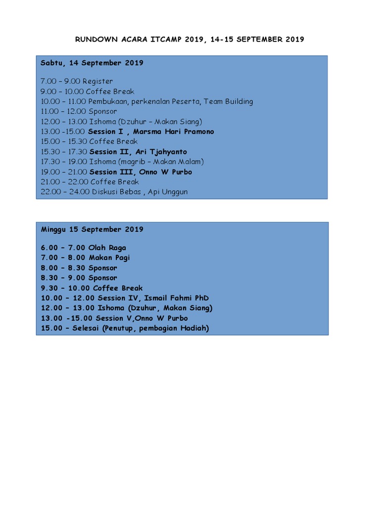Rundown Acara Itcamp 2019 | PDF