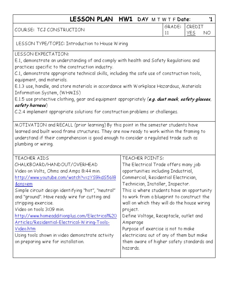 Lesson Plan HW1: DAY Date: 1 | PDF | Electrical Wiring | Electrician