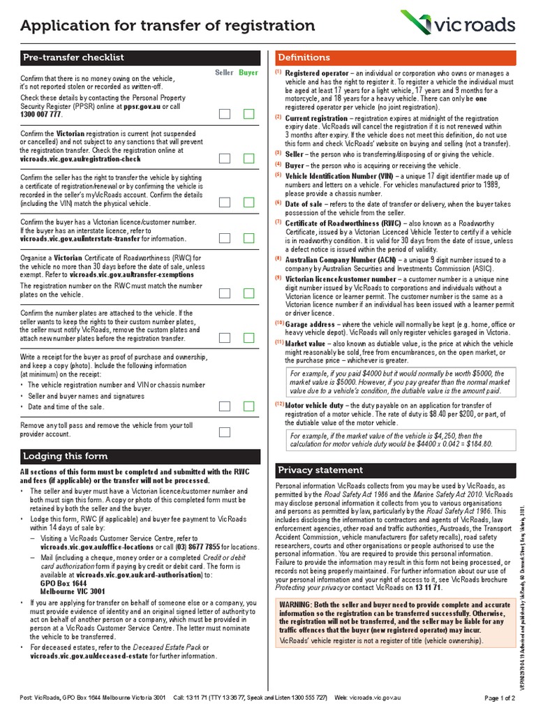Vic Roads Transfer Form PDF Vehicle Registration Plate, 49 OFF