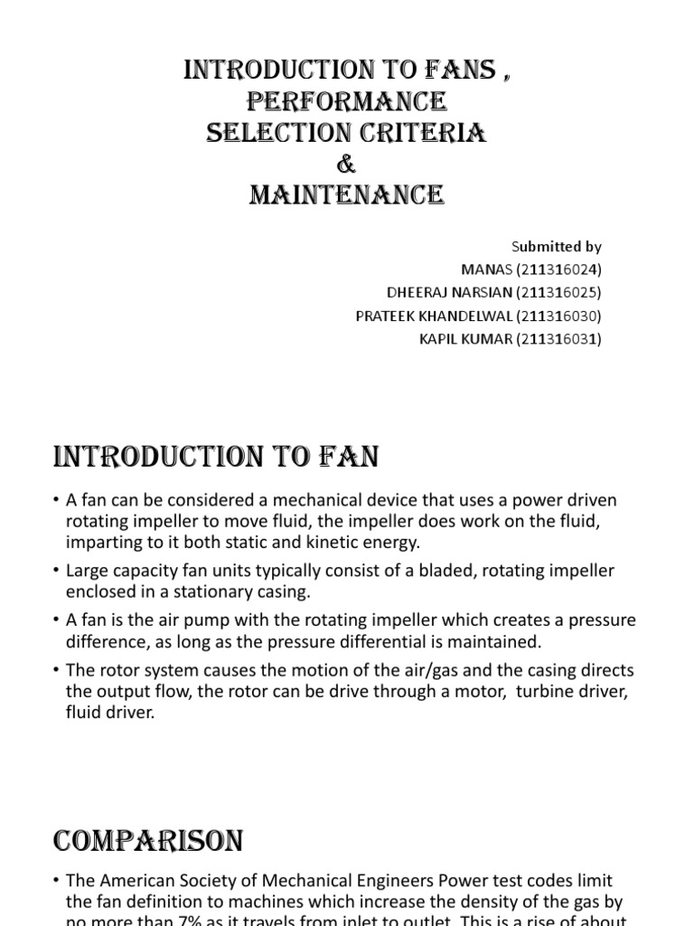 Introduction To Fans, Performance Selection Criteria & Maintenance