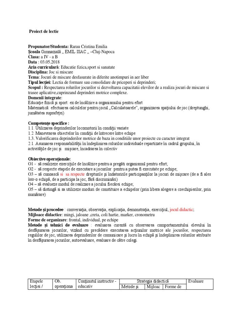 Proiect Joc Si Miscare Cls 4