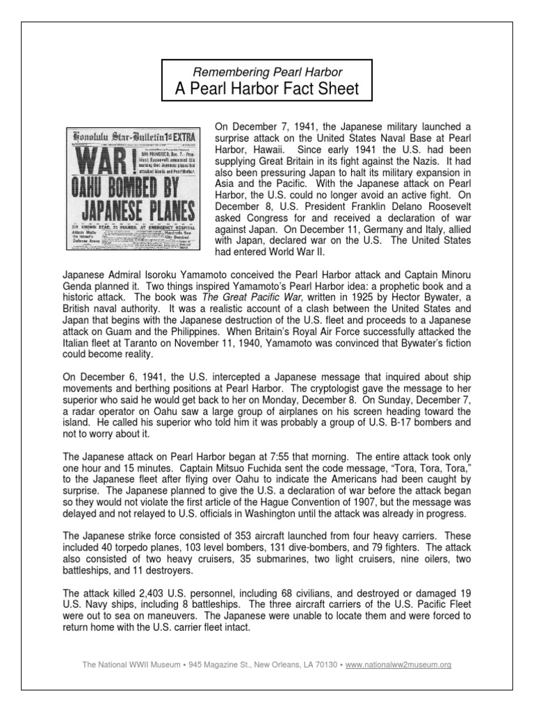 Pearl Harbor Fact Sheet 1 | PDF | Attack On Pearl Harbor | United ...