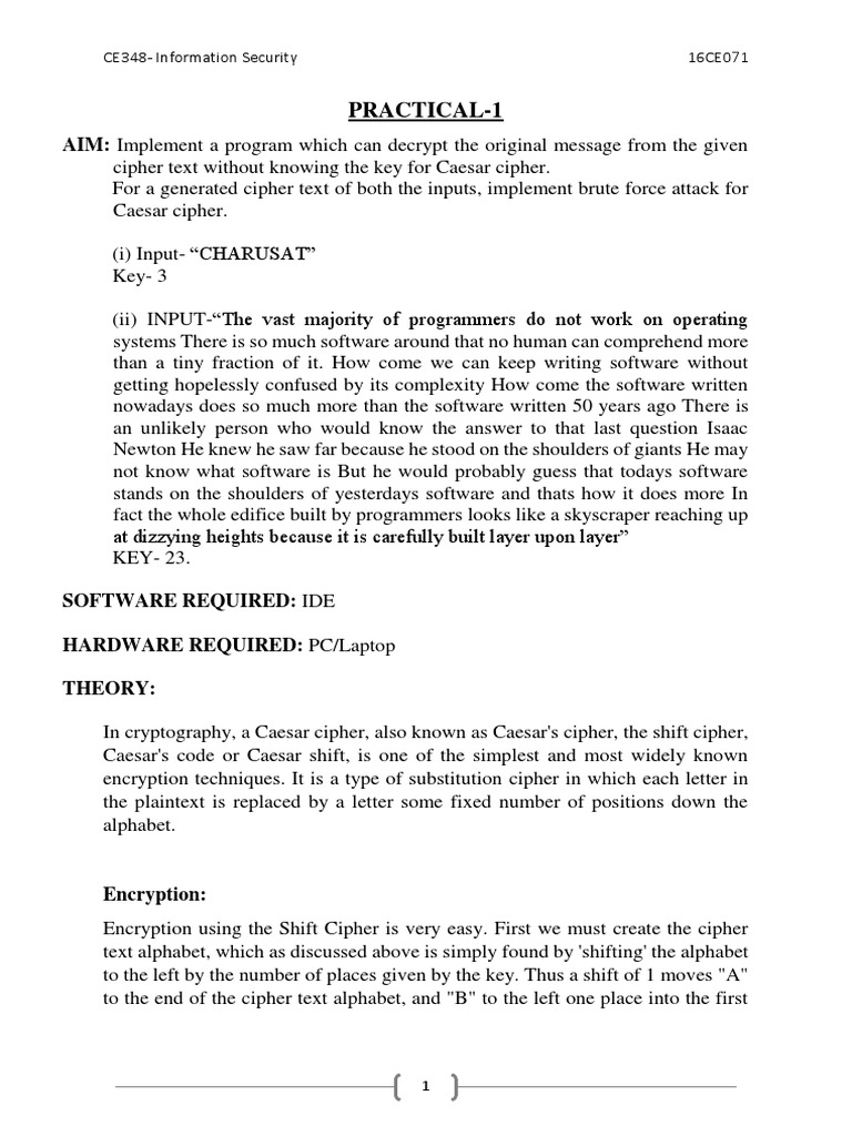 Practical-1: AIM: Implement A Program Which Can Decrypt The Original ...