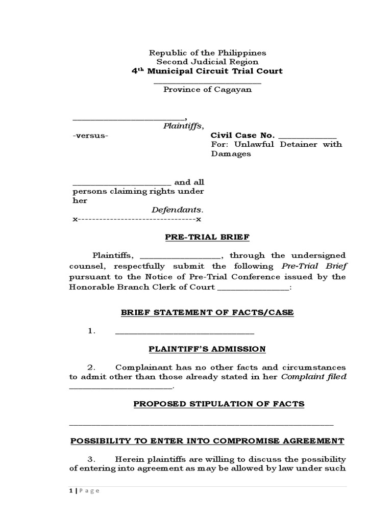 Sample PreTrial Brief PDF Complaint Lawsuit