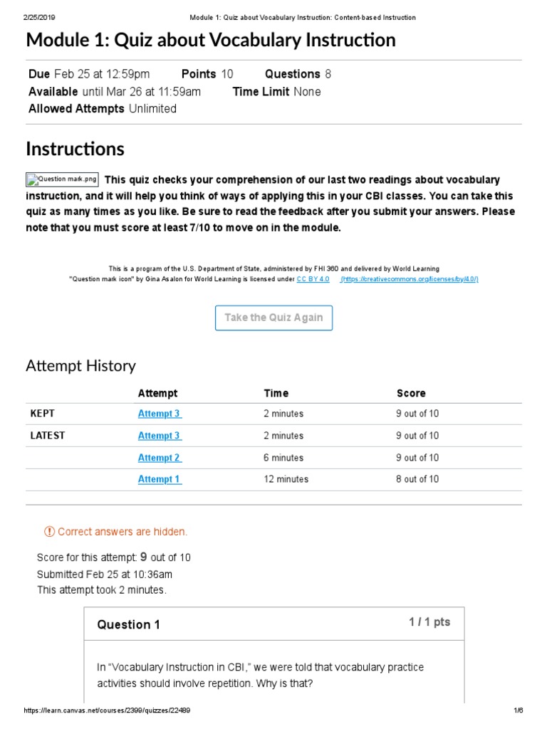 Vocabulary Instruction Quiz CBI | PDF | Vocabulary | Learning