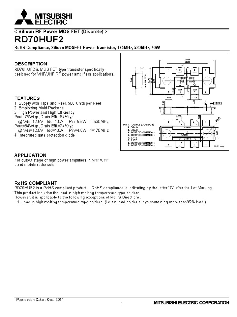 RD70HUF2: Silicon RF Power MOS FET ( | PDF | Field Effect Transistor ...
