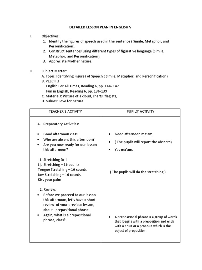 Detailed Lesson Plan in English VI | PDF | Metaphor | Preposition And ...