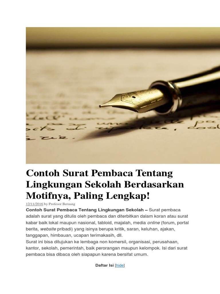 Contoh Surat Pembaca Tentang Lingkungan Sekolah