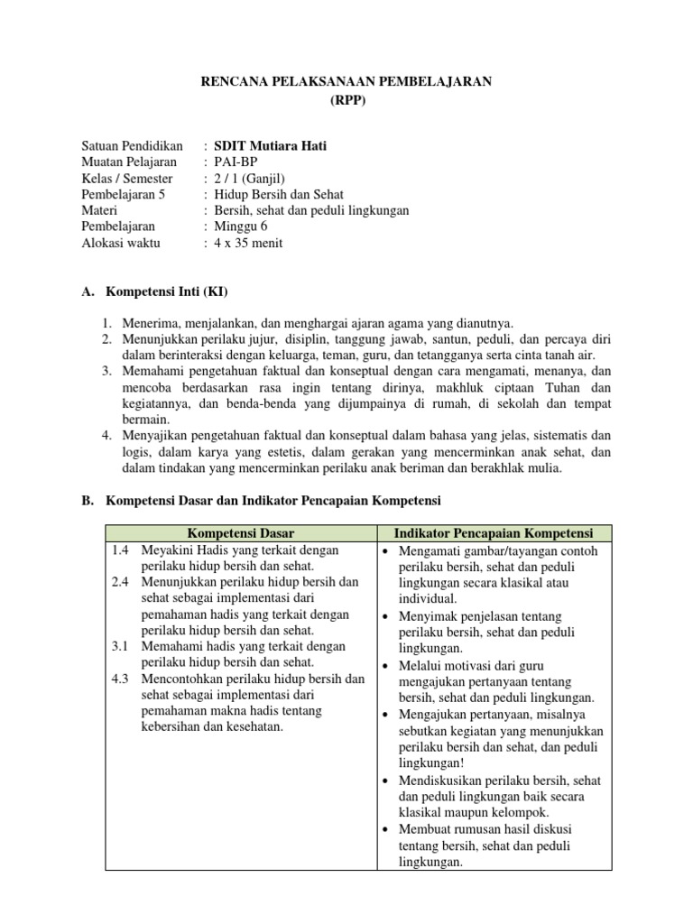 6 Rpp Pai Bp Kelas 2 Bersih Sehat Dan Peduli Lingkungan Websiteedukasi Com