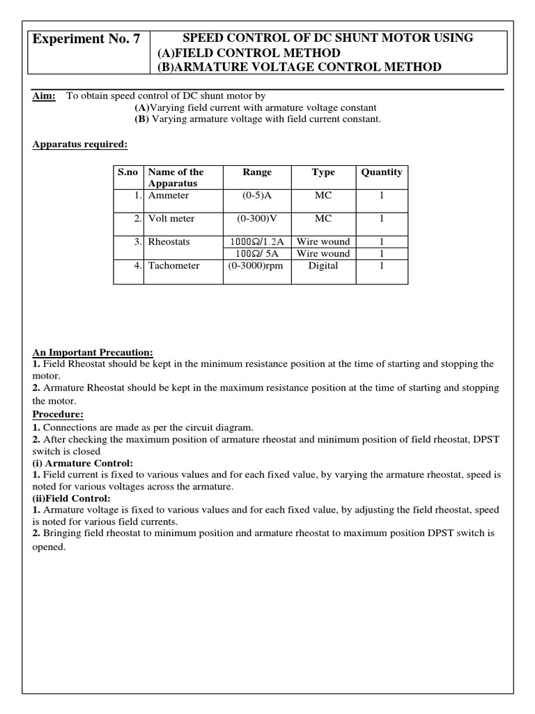 Experiment No. 7 Speed Control of DC Shunt Motor Using (A) Field Control Method (B) Armature