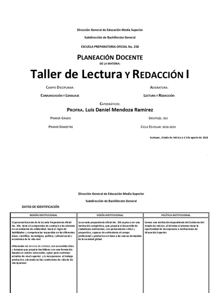 PLANEACION DE TALLER DE LECTURA Y REDACCION Daniel PDF | PDF ...