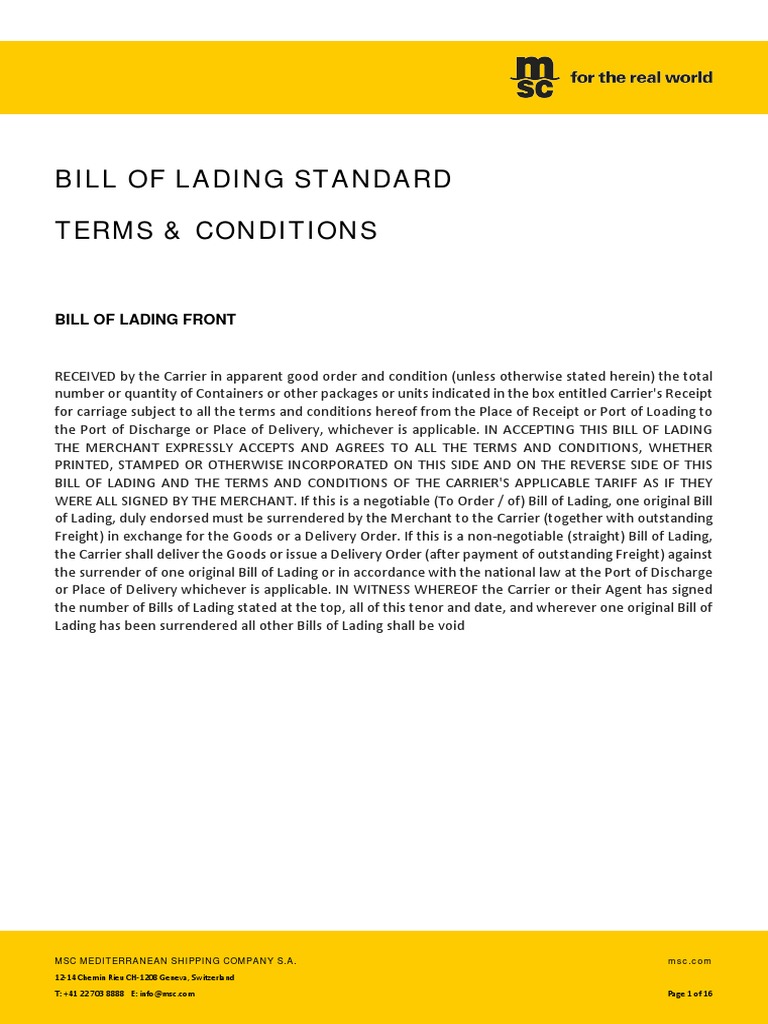 BL Standard T&C PDF | PDF | Bill Of Lading | Cargo