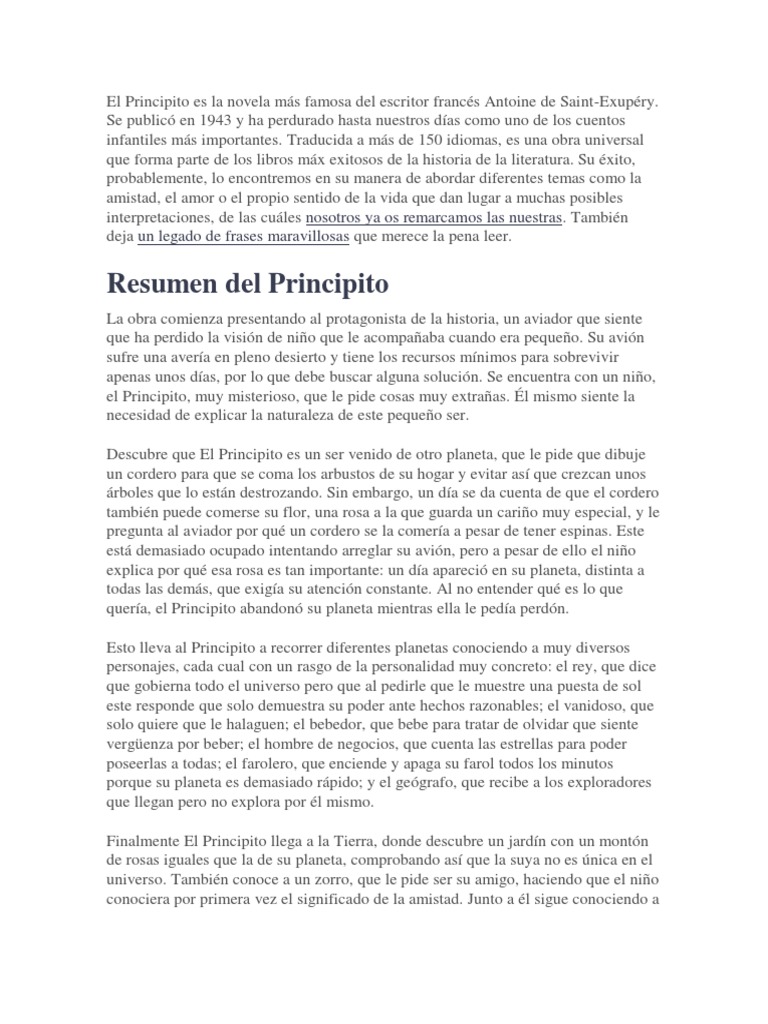 El Principito Es La Novela Mas Famosa Del Escritor Frances Antoine De Saint Pdf El Principito