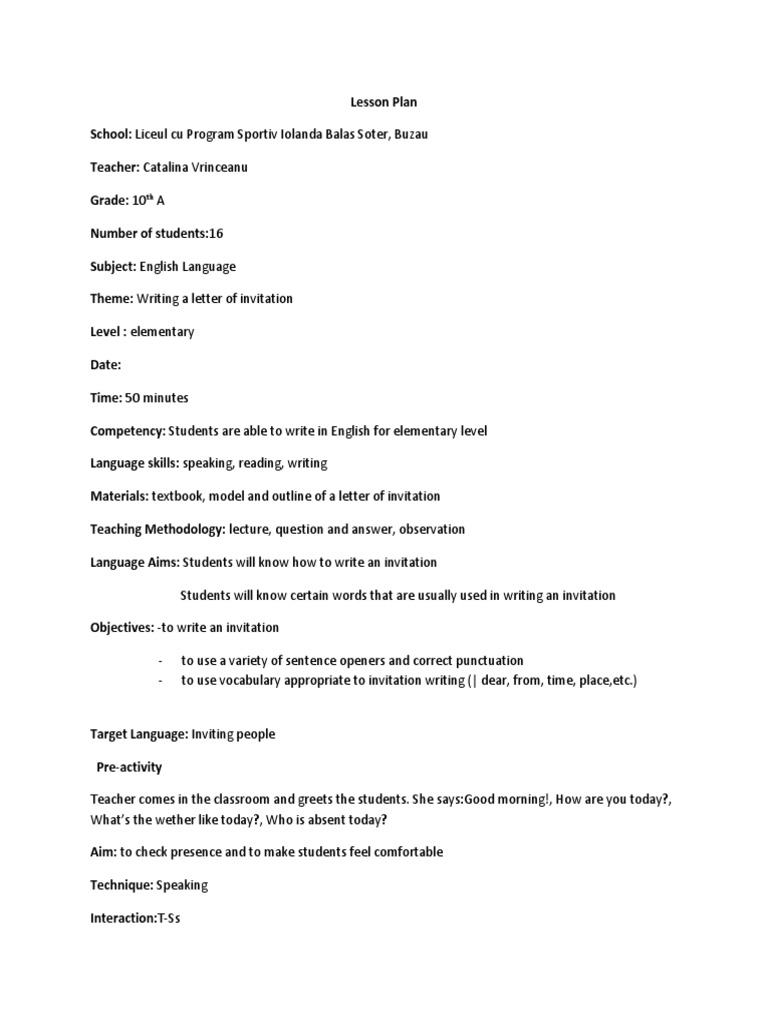 Writing Invitation Lesson Plan PDF Question Teachers