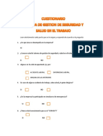 CUESTIONARIO  SISTEMA DE GESTION DE SEGURIDAD Y SALUD EN EL TRABAJO