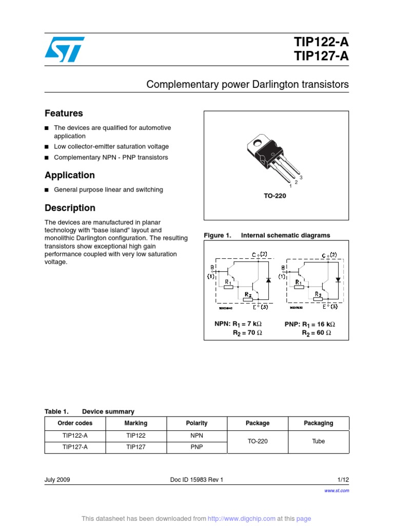 TIP122-A TIP127-A: Complementary Power Darlington Transistors | PDF ...