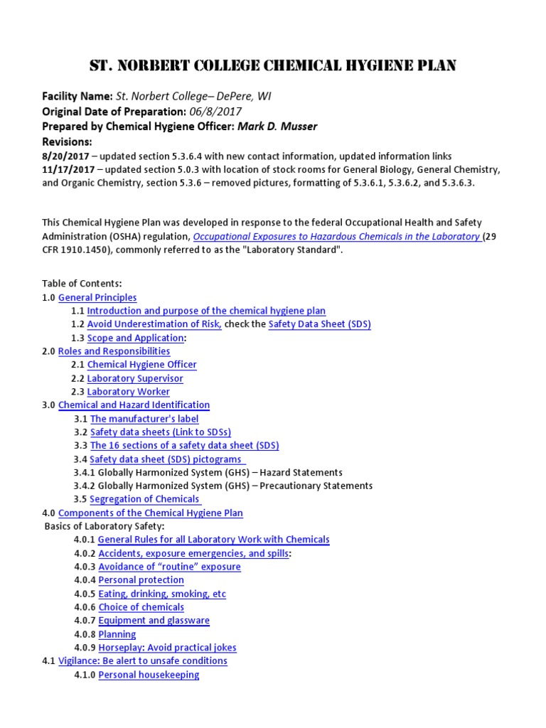 Chemical Hygiene Plan PDF Laboratories Chlorine