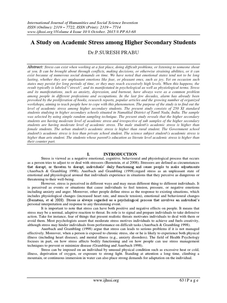 Academic Stress in Higher Secondary Students | PDF | Coping (Psychology ...