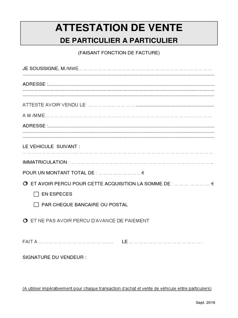 Modele Attestation De Vente Entre Particulier