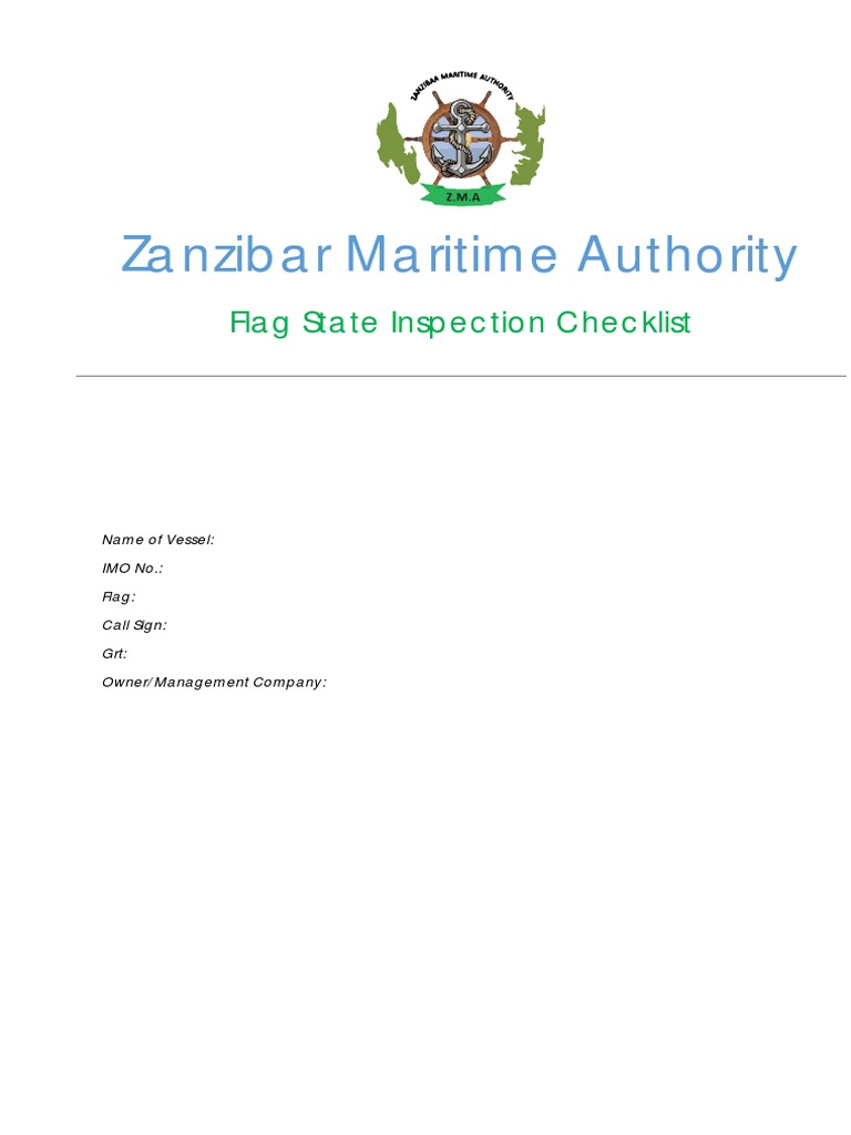 ZMA Flag State Inspection Checklist Form PDF Water Transport