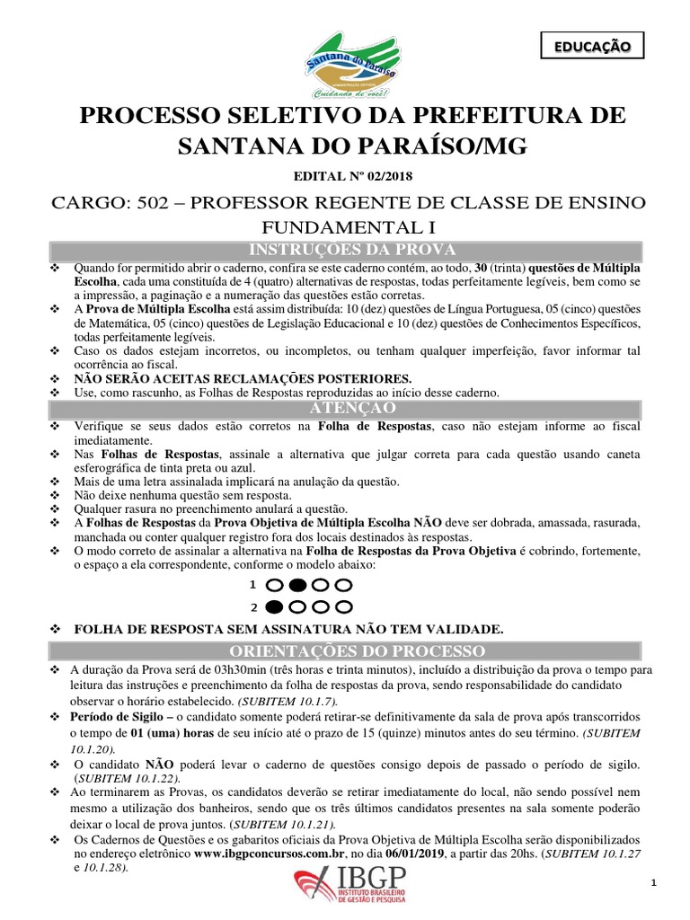 Prova IBGP para Professor Fundamental I | PDF | Estado | Pré-escola