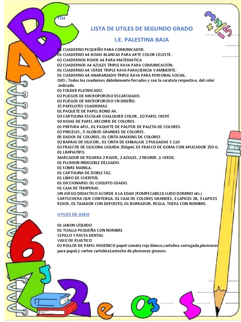 Lista de Utiles de Segundo Grado | PDF