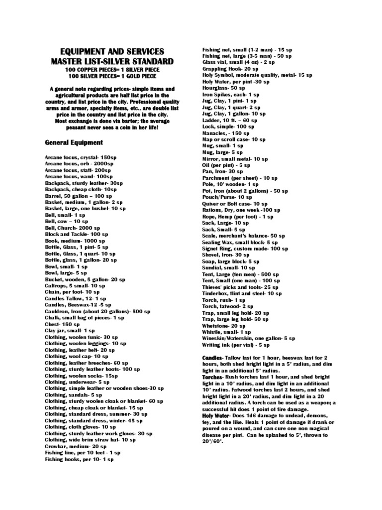 Master List of Equipment, Supplies, Foodstuffs, and Their Prices - A ...
