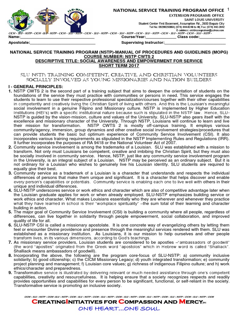 SLU NSTP CWTS 2 Guidelines for Service | PDF | Community | Employment