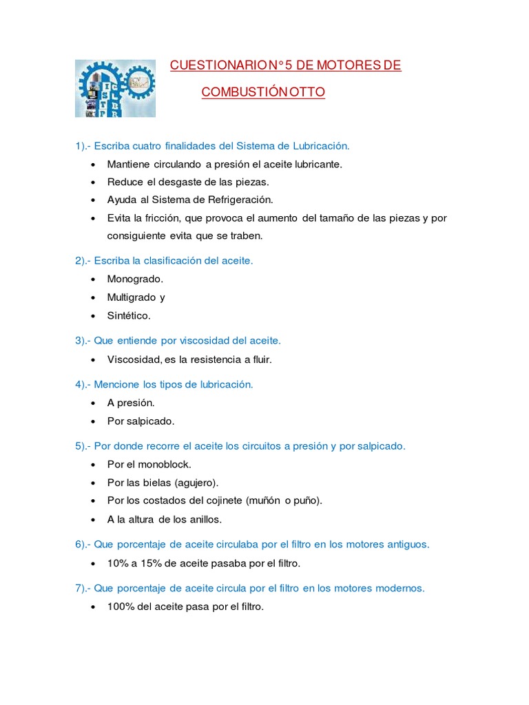 Cuestionario Sistema de Lubricacion PDF | PDF | Lubricante | Química