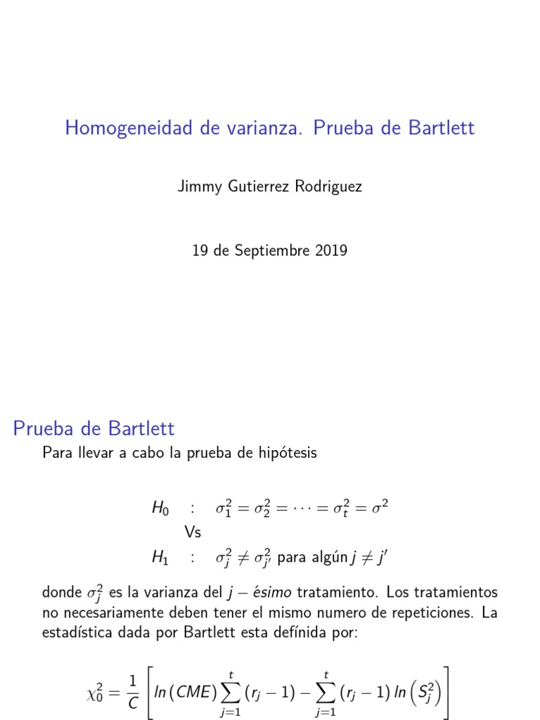 Homogeneidad De Varianza Prueba De Bartlett Jimmy Gutierrez Rodriguez Prueba De Hipotesis Estadisticas Teoria Estadistica scribd