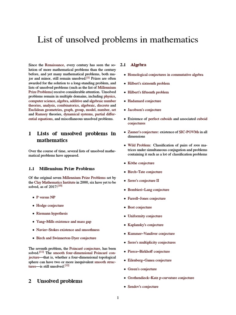 List of Unsolved Problems in Mathematics PDF | PDF | Prime Number ...