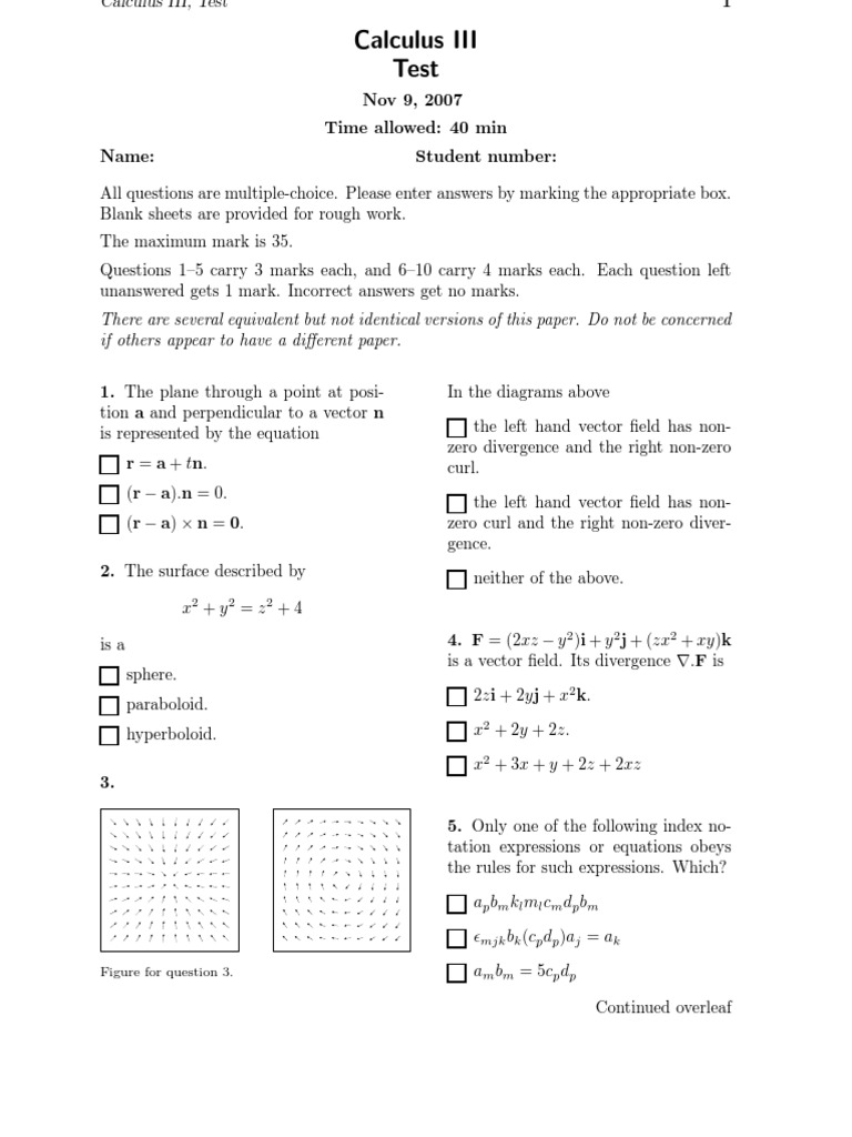 Calculus III Test Questions and Answers | PDF | Sphere | Differential ...