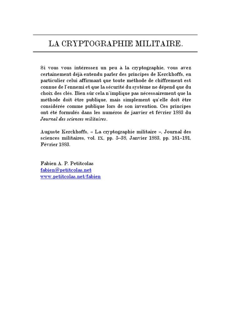 Principes de Kerckhoffs en cryptographie | PDF | Cryptage | Cryptographie