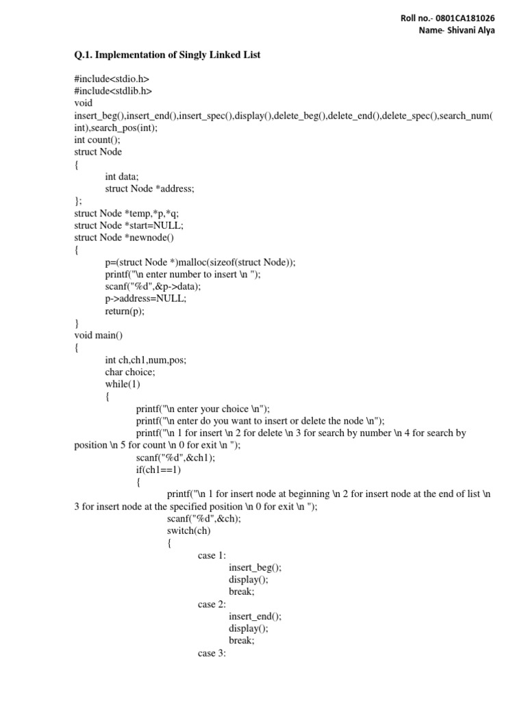 Q.1. Implementation of Singly Linked List | PDF | Data Management ...