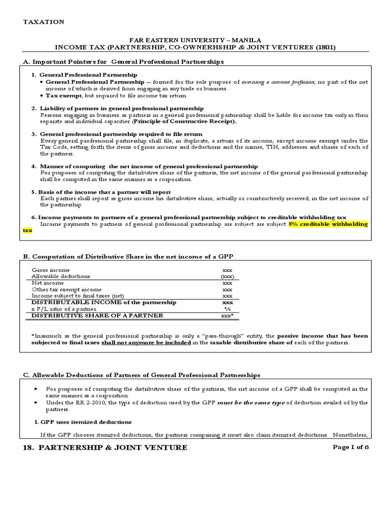 TAXATION OF PARTNERSHIPS AND JOINT VENTURES | PDF | Tax Deduction ...