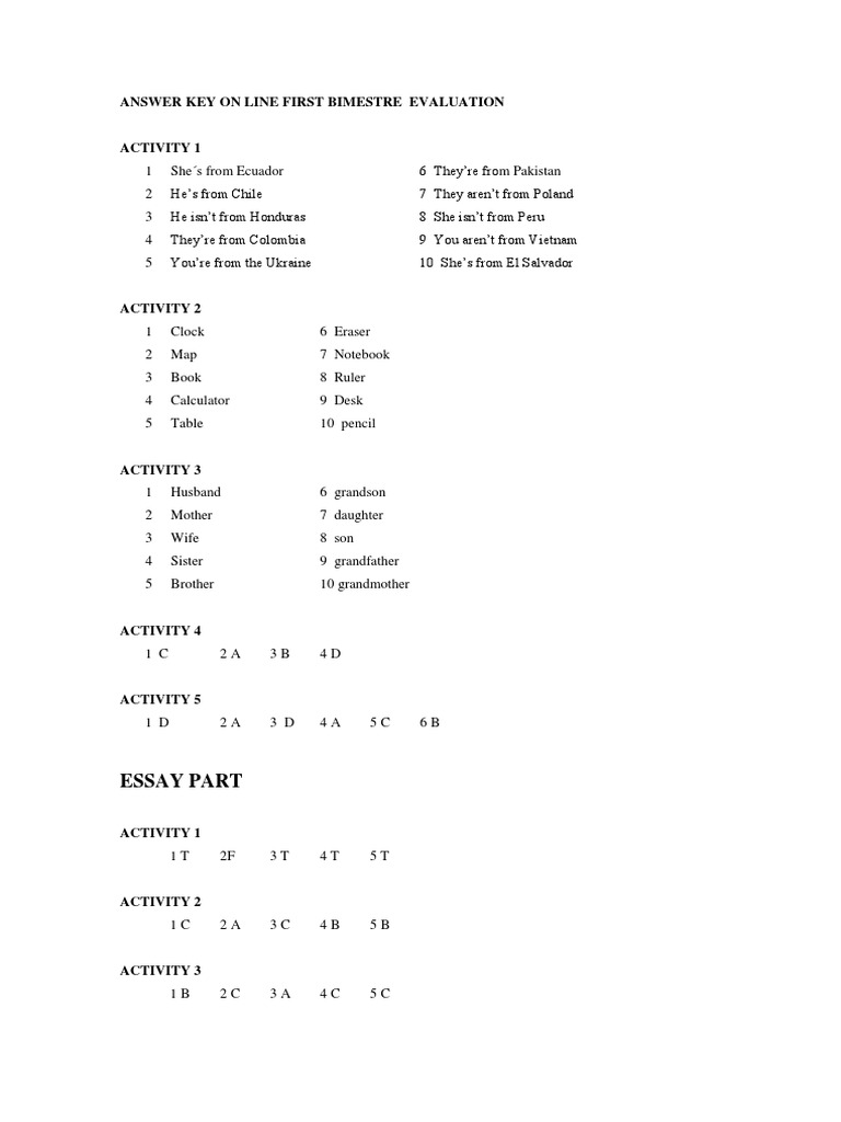 First Bimester Evaluation Answer Key | PDF