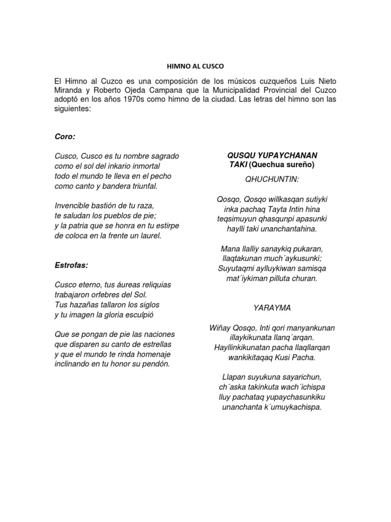 Himno al Cusco: Letra en Quechua y Español | PDF | Ciencias sociales ...