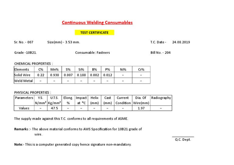 Continuous Welding Consumables: Test Certificate | PDF