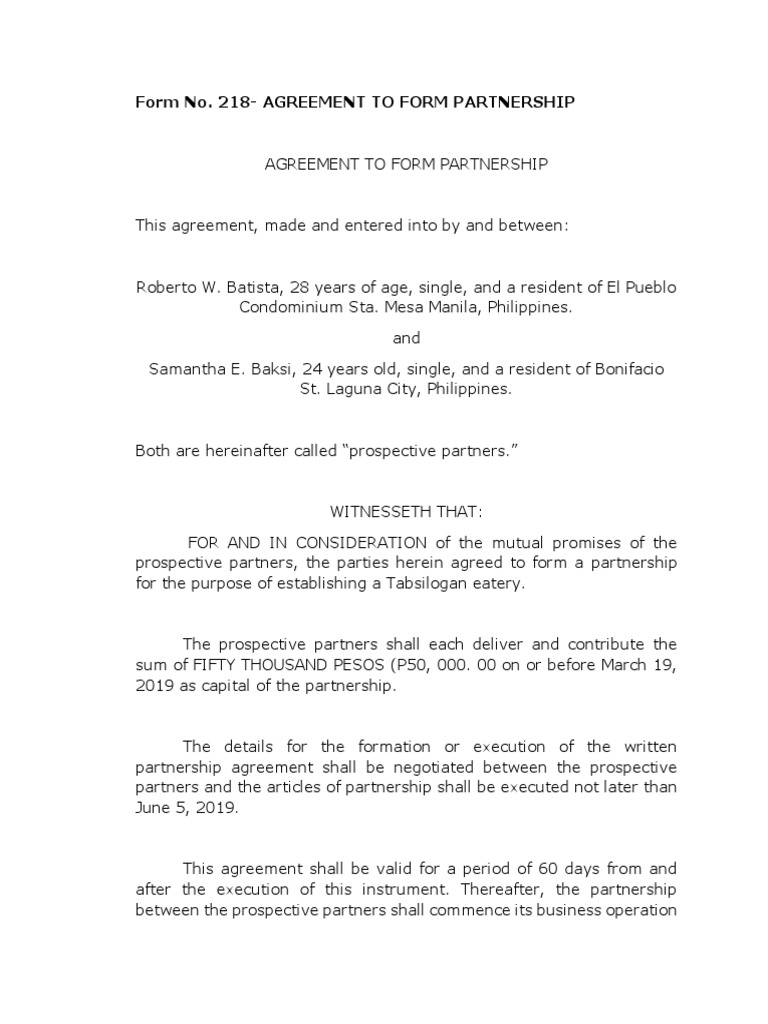Form No. 218-Agreement To Form Partnership | PDF | Partnership | Employment