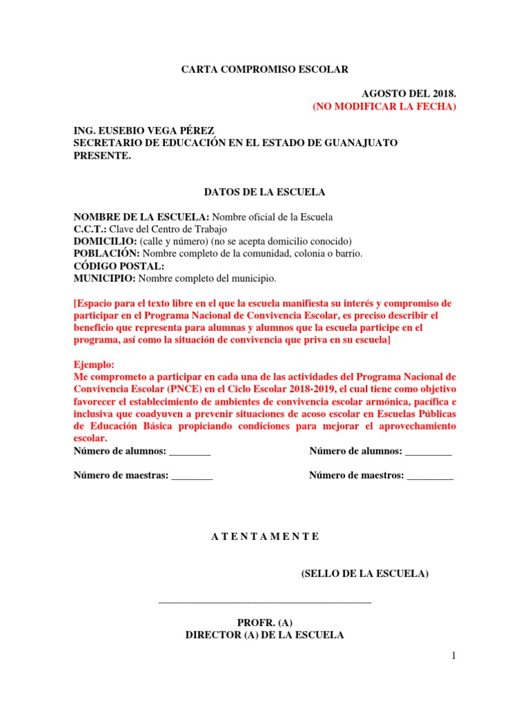 Carta Compromiso PNCE 20182019 PDF Escuelas Aprendizaje