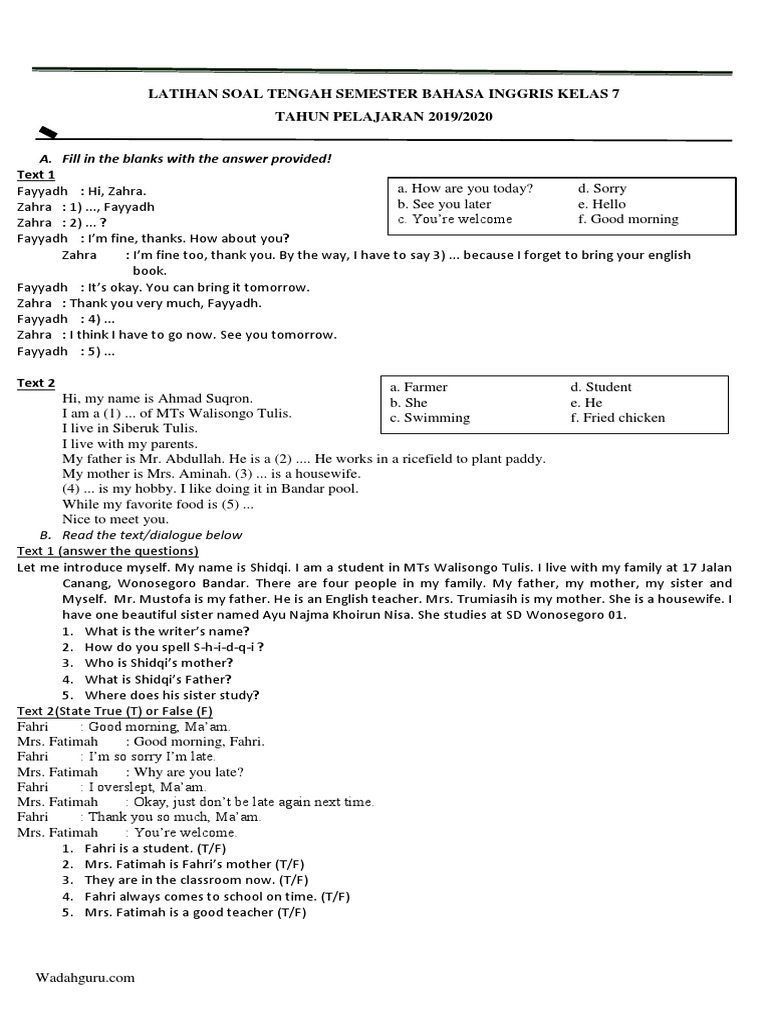 Latihan Soal Bahasa Inggris Kelas 7 | PDF | Language Arts & Discipline ...